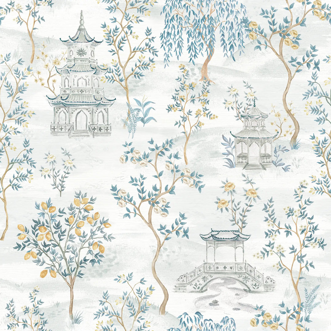 Feng Shui Wallpaper in Blues and Lemon