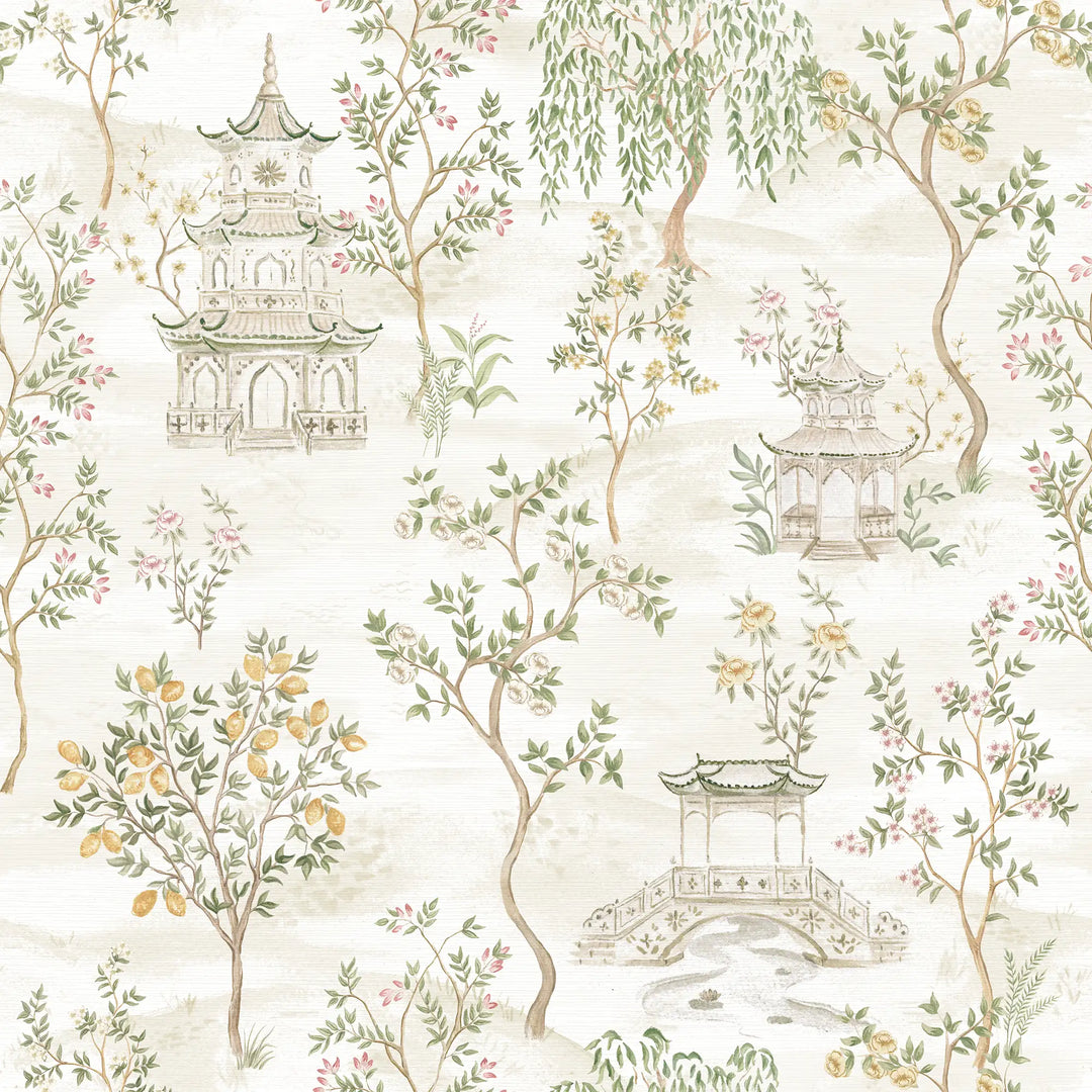 Feng Shui Wallpaper in Greens and Cream
