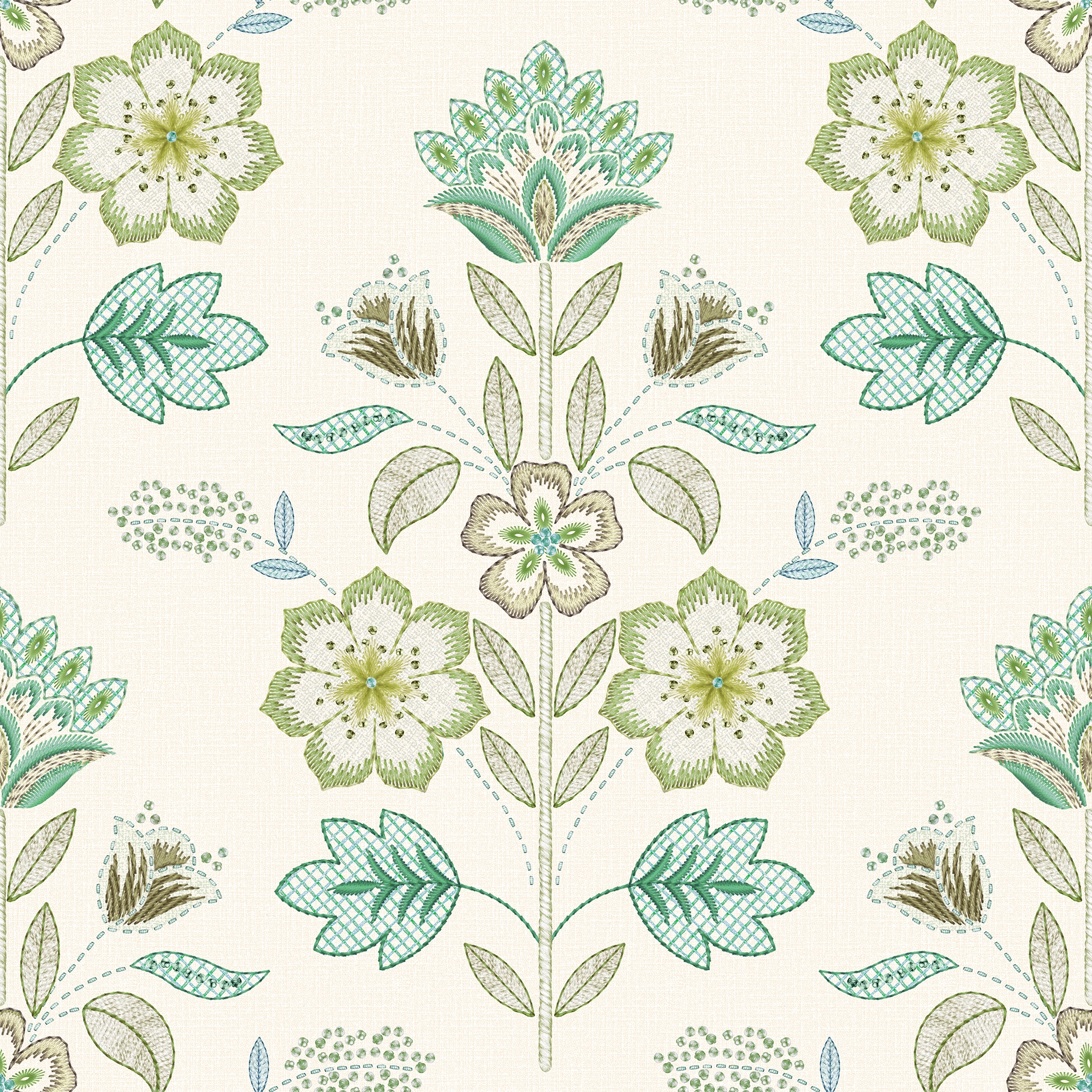 Floral and leaf wallpaper pattern with green and brown tones on a white background.