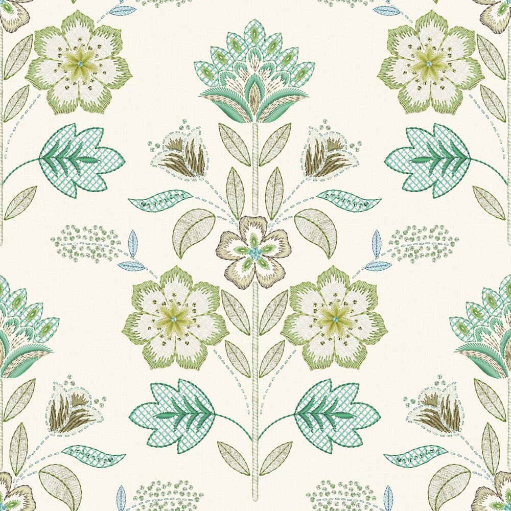Floral and leaf wallpaper pattern with green and brown tones on a white background.