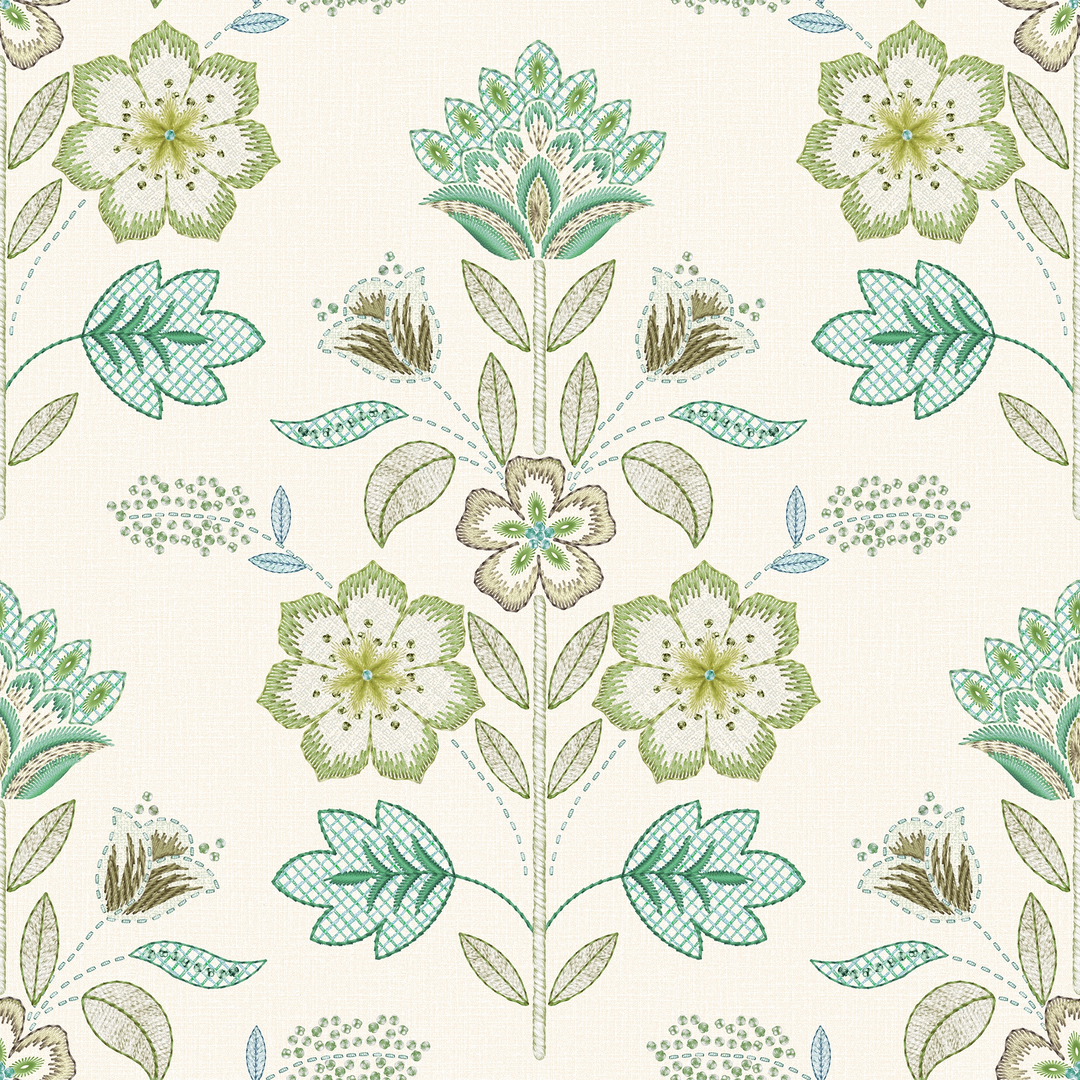 Floral Crewelwork Wallpaper in Blue and Greens