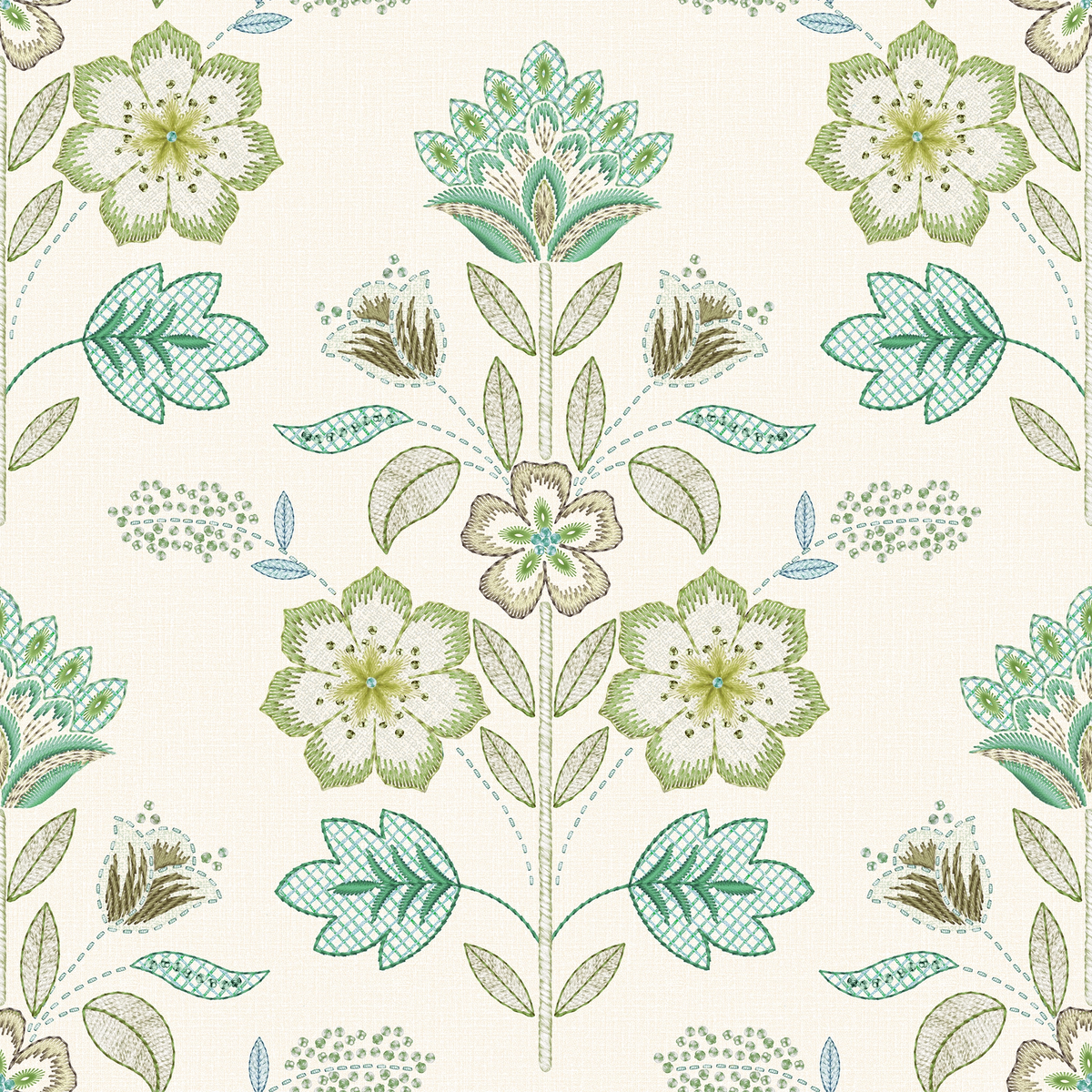 Floral and leaf wallpaper pattern with green and brown tones on a white background.