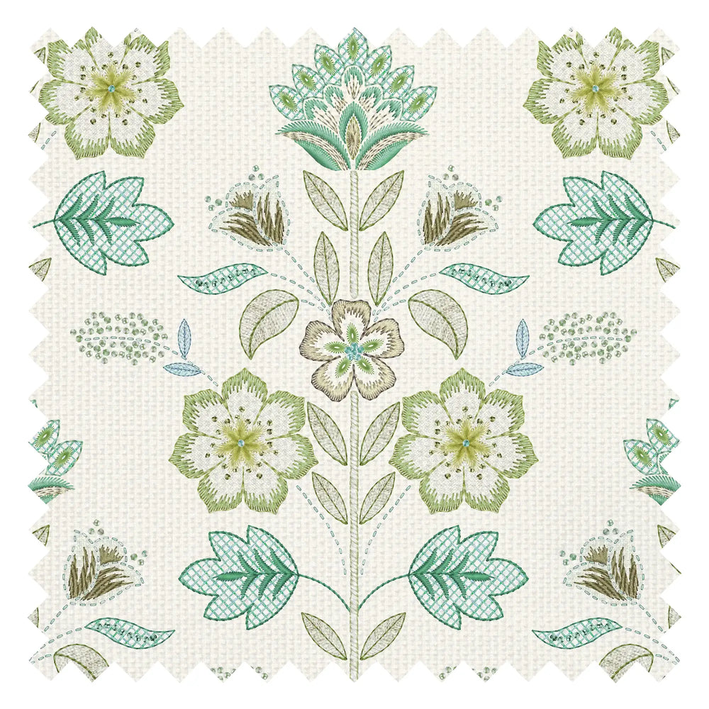 Floral Crewelwork Fabric in Blue and Greens