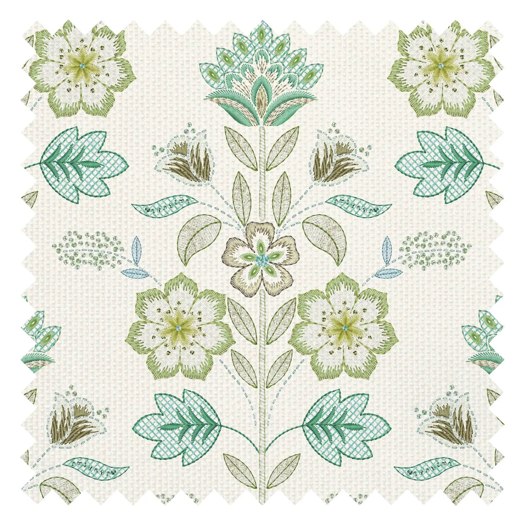 Floral Crewelwork Fabric in Blue and Greens