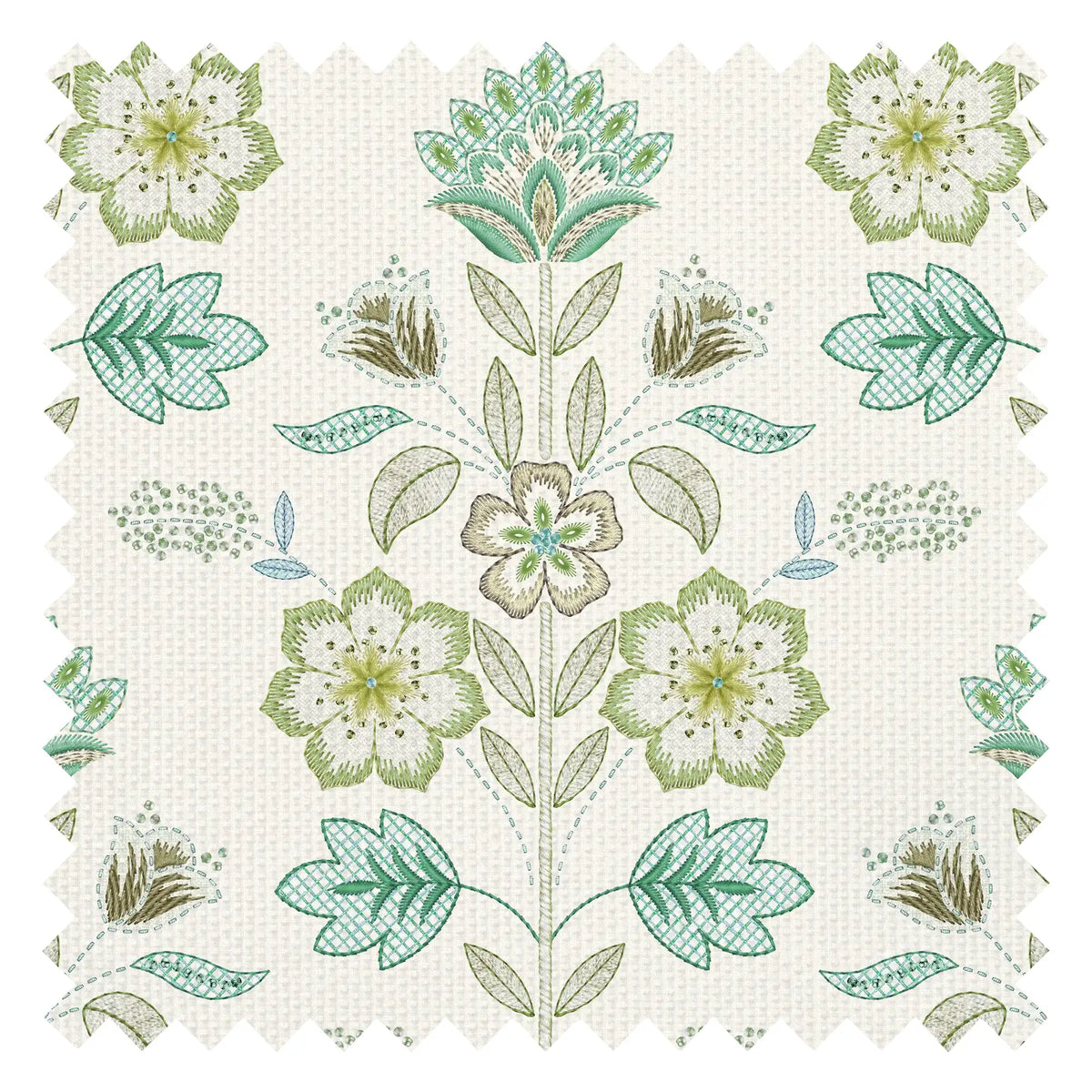 Floral Crewelwork Fabric in Blue and Greens