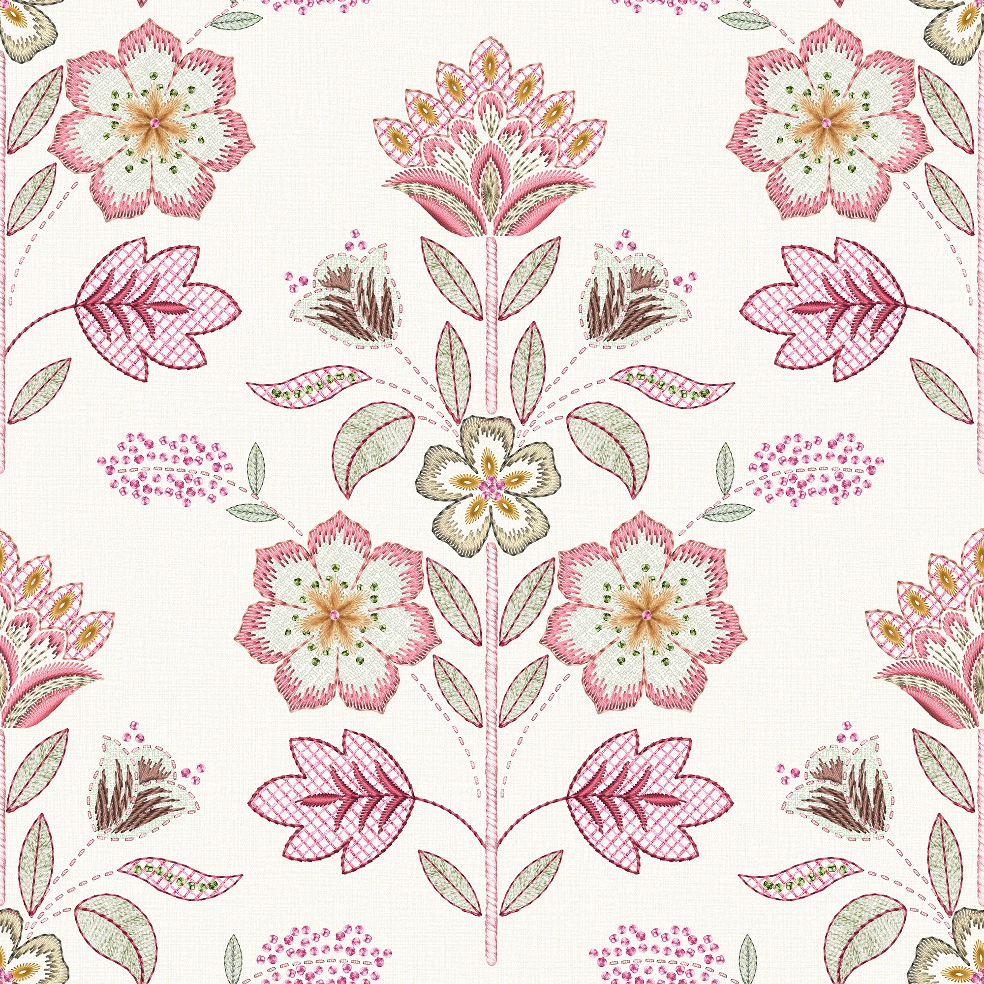 Floral-patterned wallpaper with pink and green flowers on a white background.