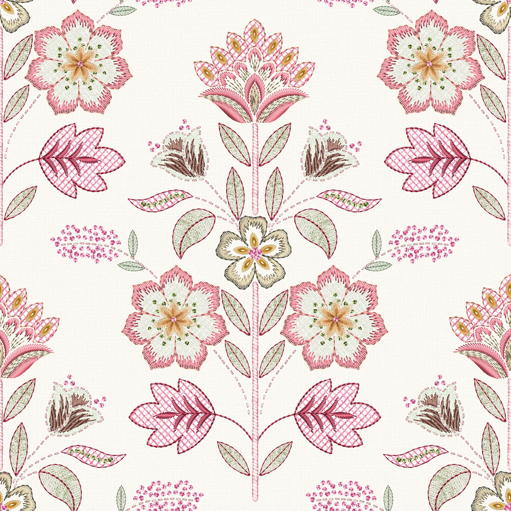 Floral-patterned wallpaper with pink and green flowers on a white background.
