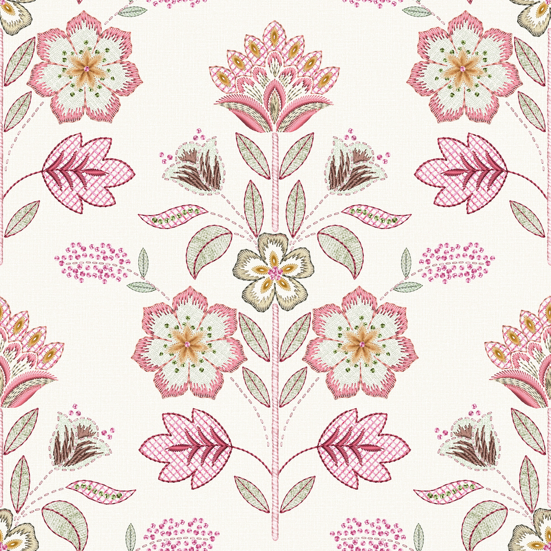 Floral Crewelwork Wallpaper in Pink and Green