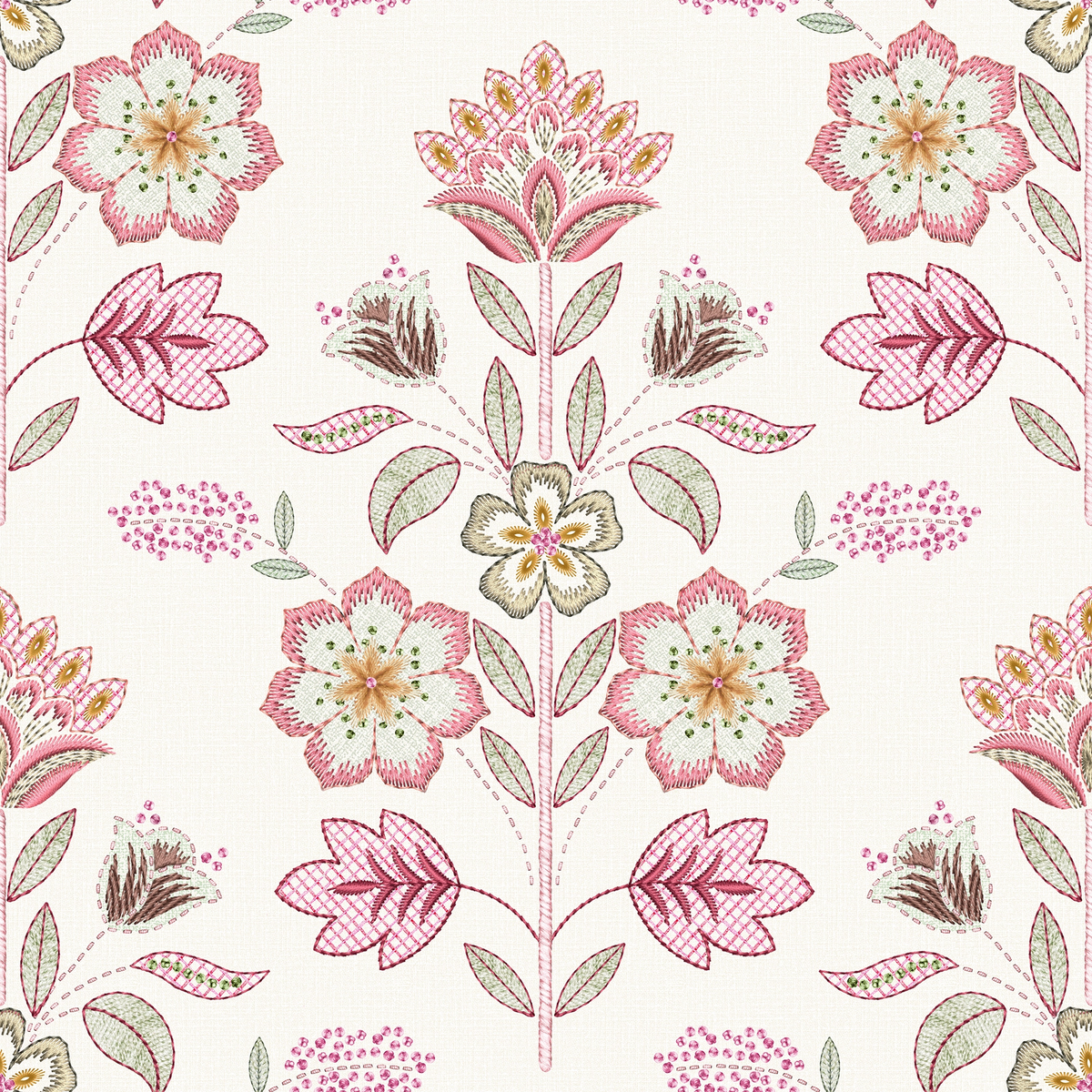 Floral-patterned wallpaper with pink and green flowers on a white background.