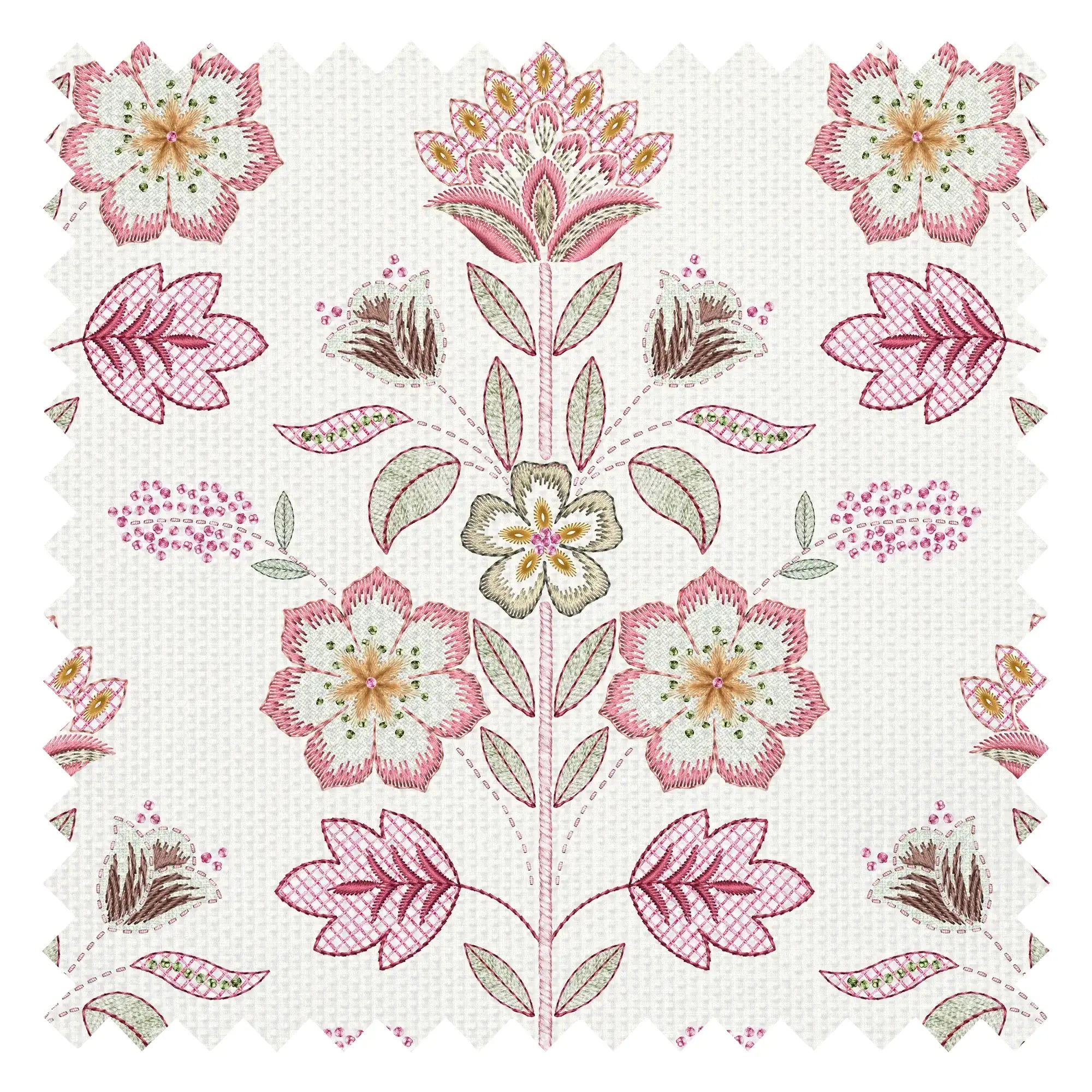 Floral Crewelwork Fabric in Pink and Green