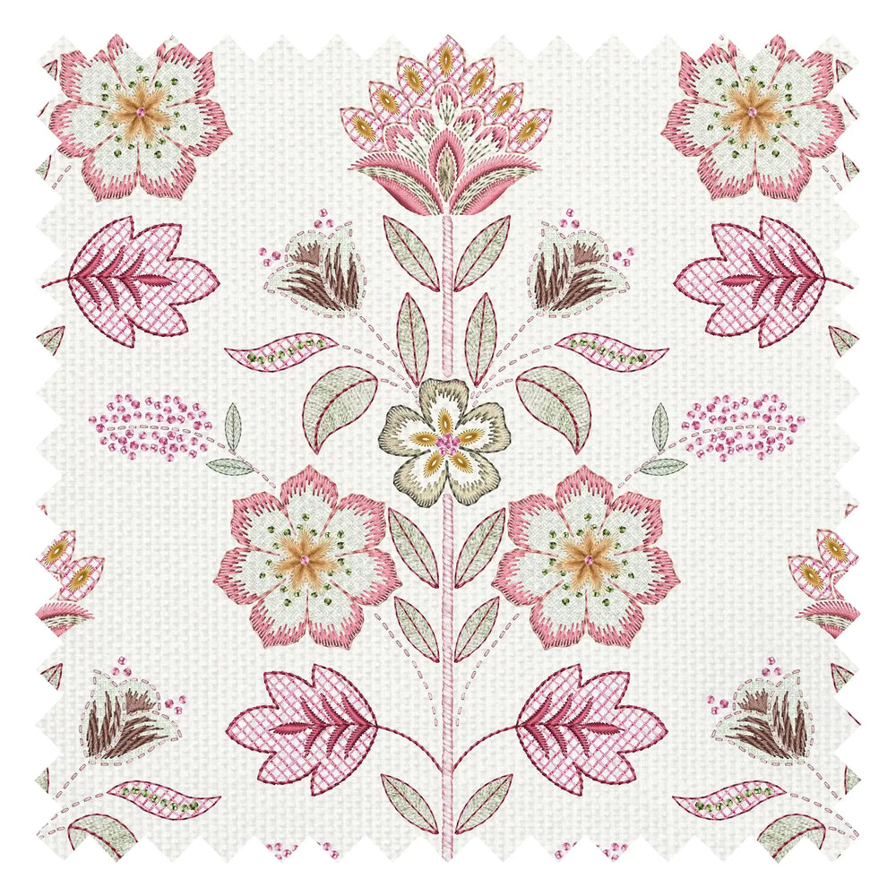 Floral Crewelwork Fabric in Pink and Green
