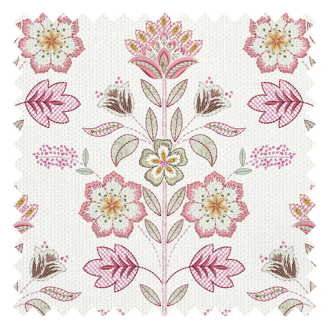 Floral Crewelwork Fabric in Pink and Green