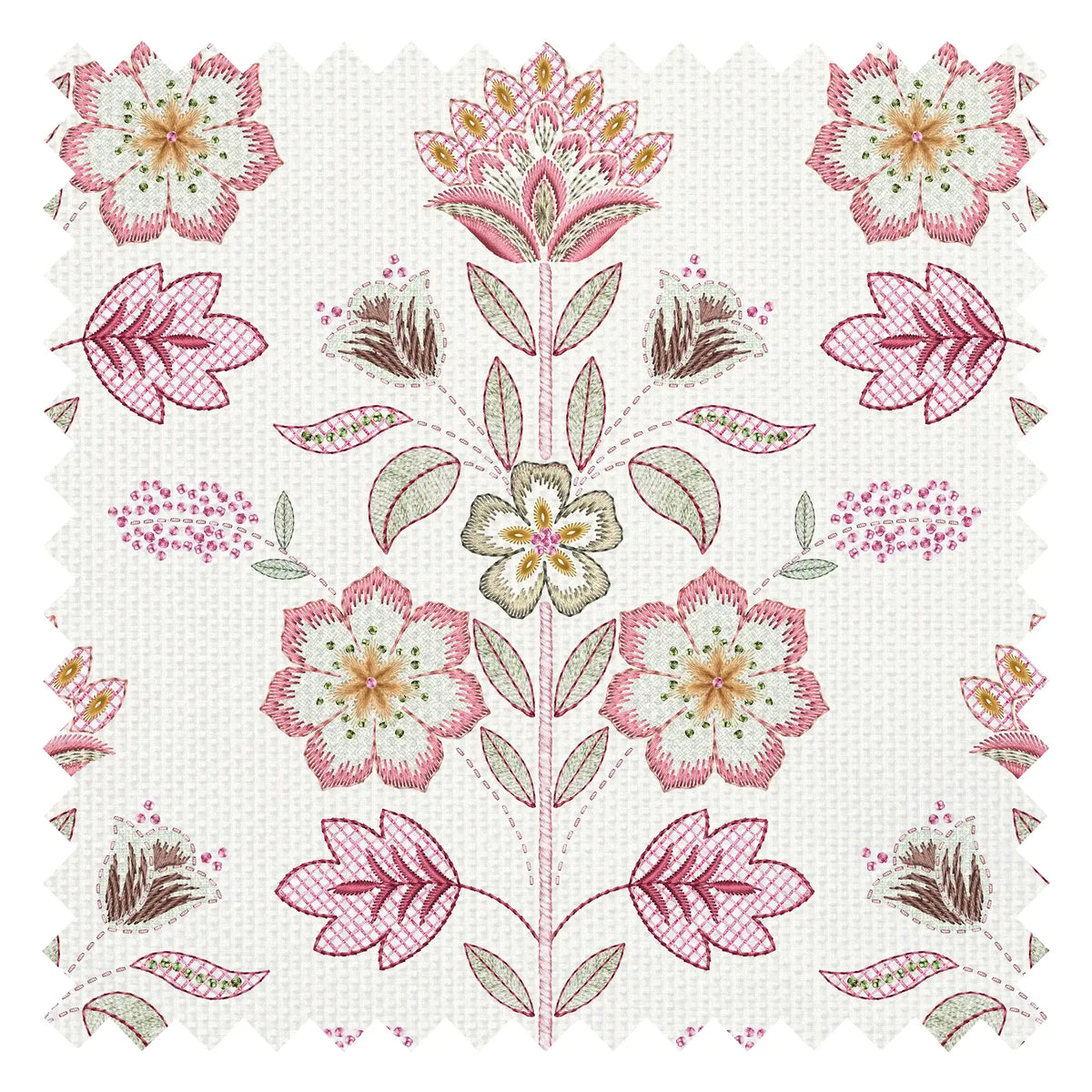 Floral Crewelwork Fabric in Pink and Green