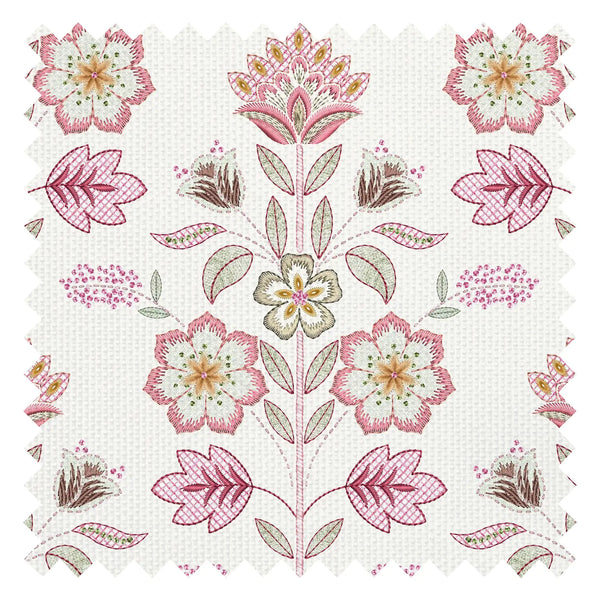 Floral Crewelwork Fabric in Pink and Green