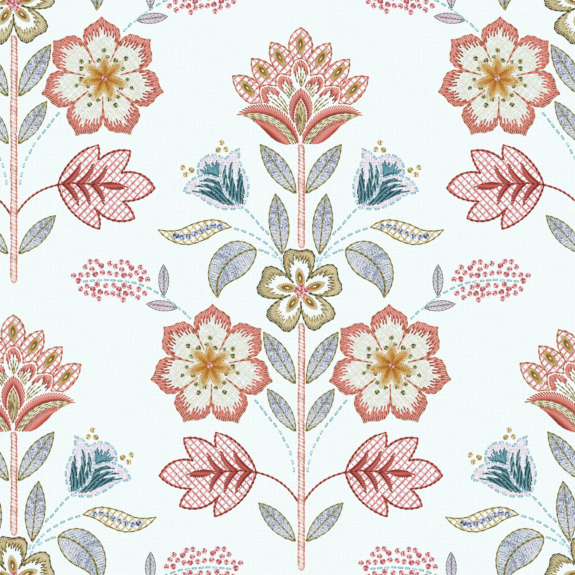 Decorative floral-patterned wallpaper with red, pink, and green flowers on a soft blue background.