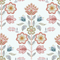 Floral Crewelwork Wallpaper in Red and Soft Blue