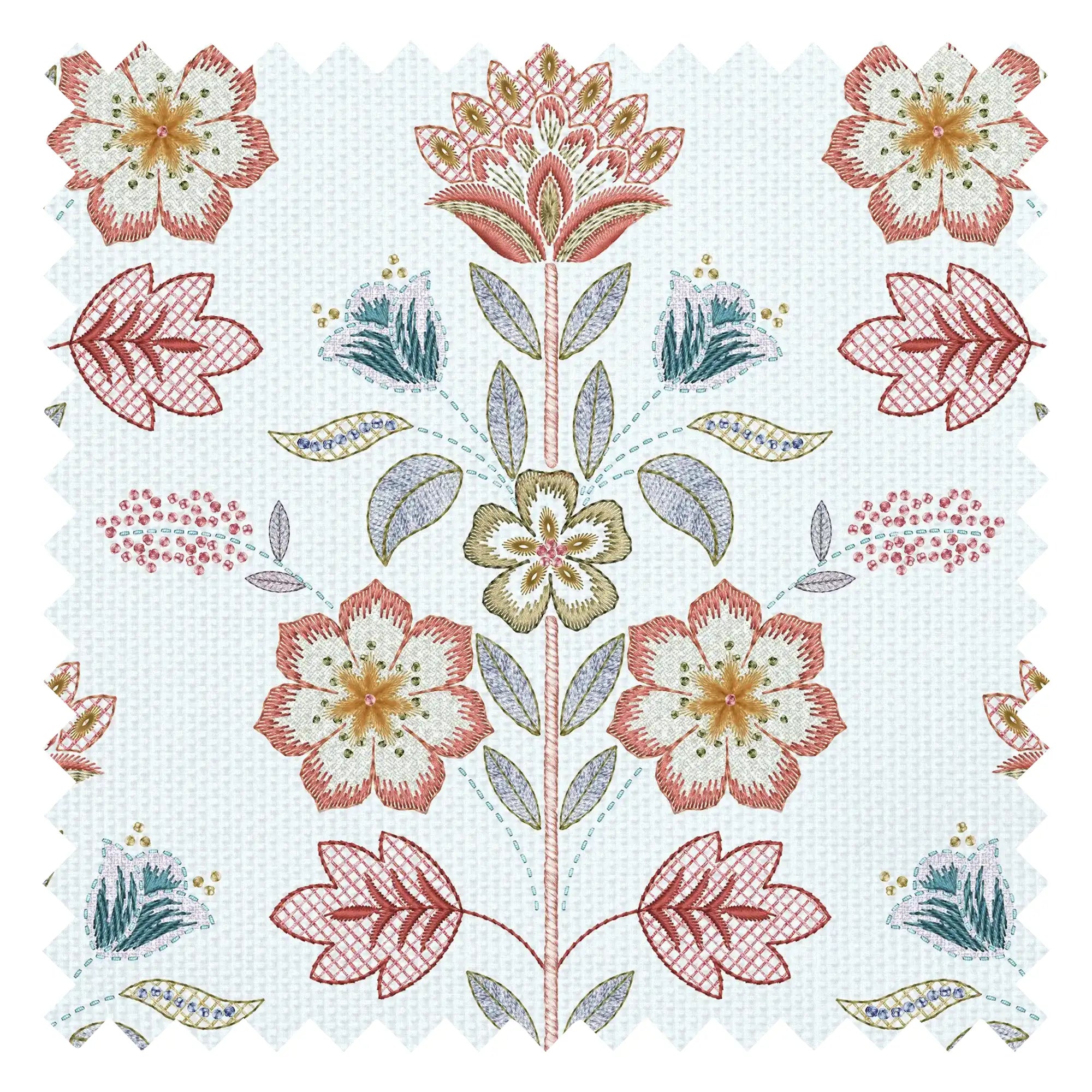 Floral Crewelwork Fabric in Red and Soft Blue