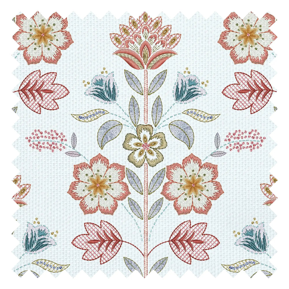 Floral Crewelwork Fabric in Red and Soft Blue