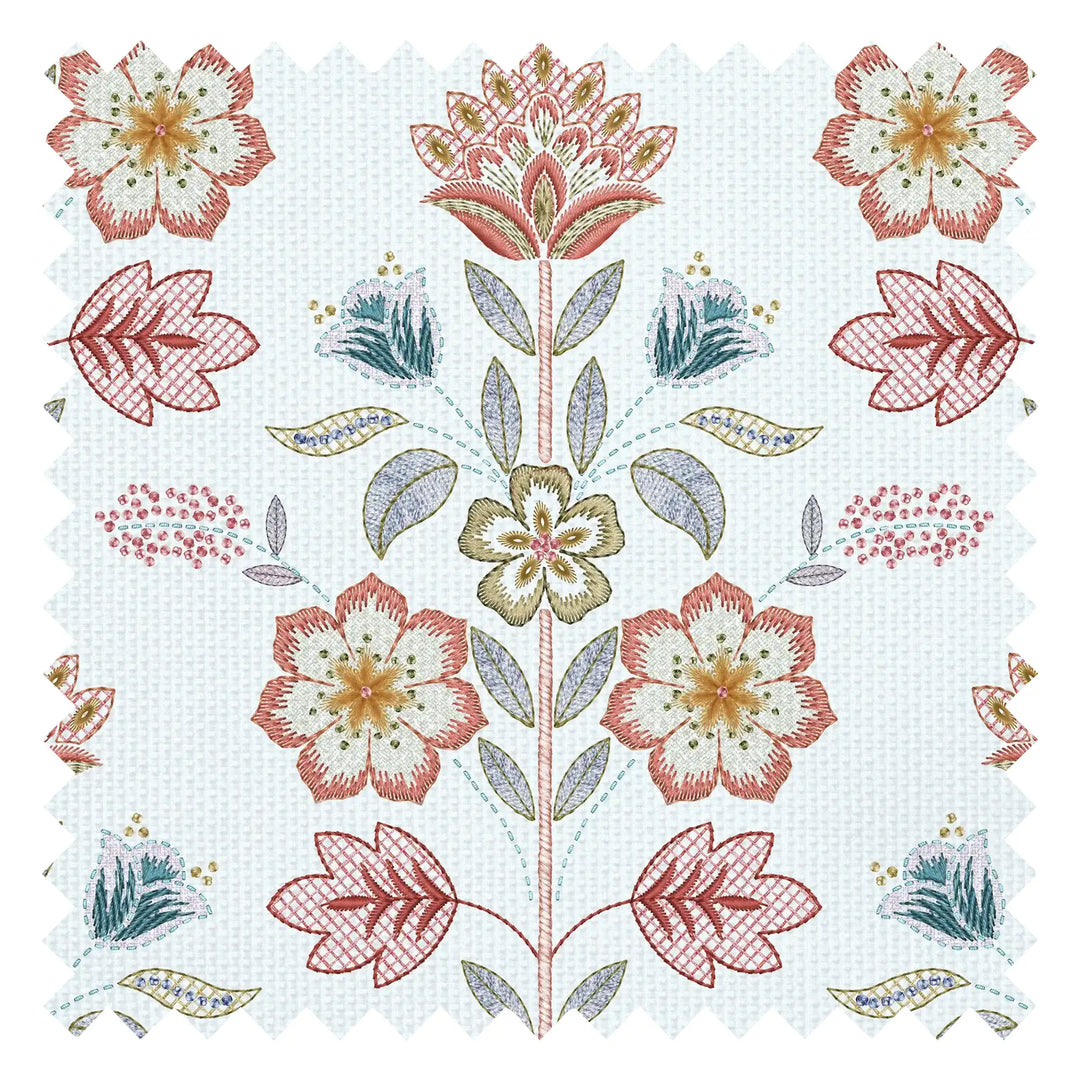 Floral Crewelwork Fabric in Red and Soft Blue