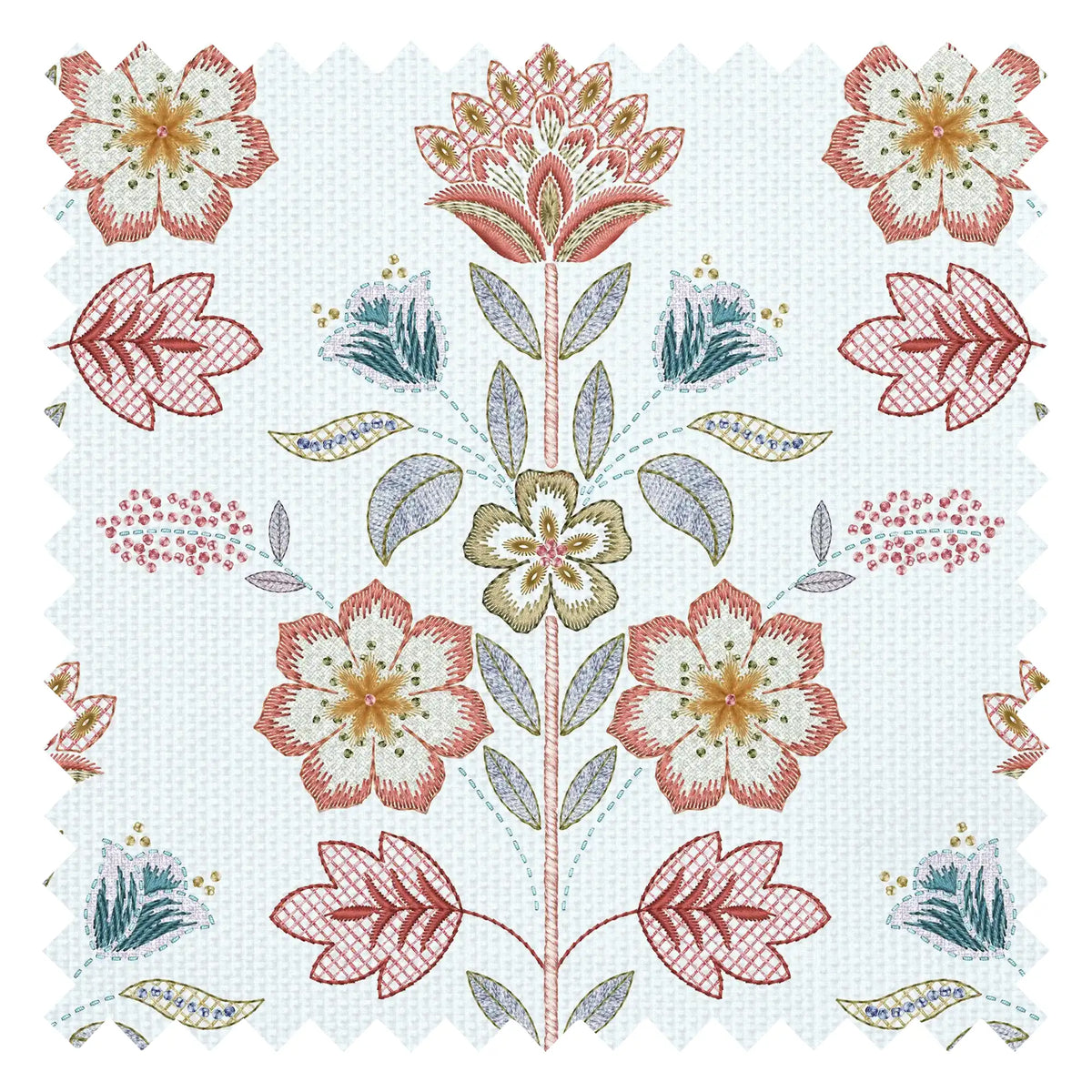 Floral Crewelwork Fabric in Red and Soft Blue