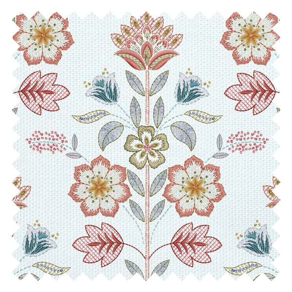 Floral Crewelwork Fabric in Red and Soft Blue