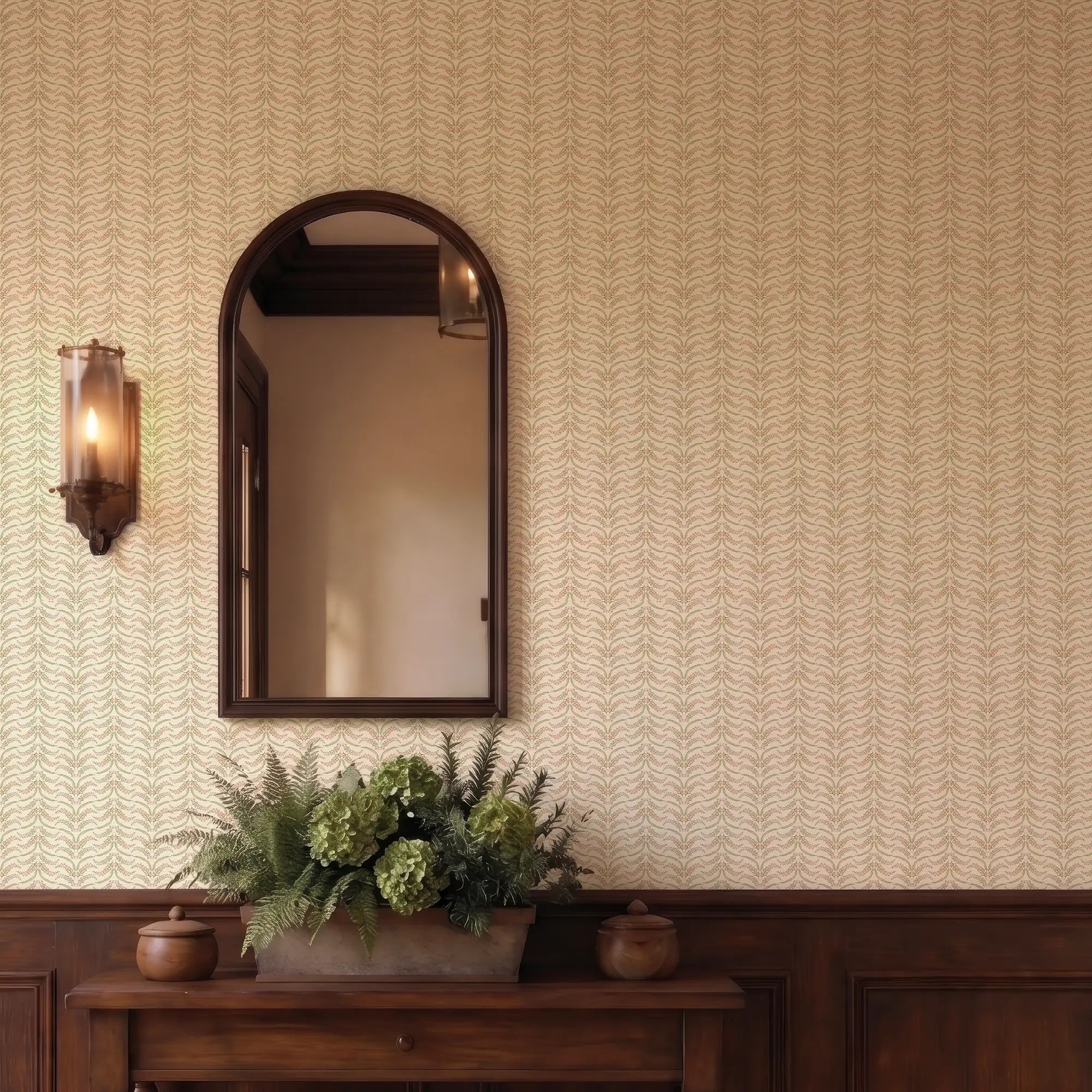 Floral Lattice Wallpaper in Pinks and Greens on Parchment Cream