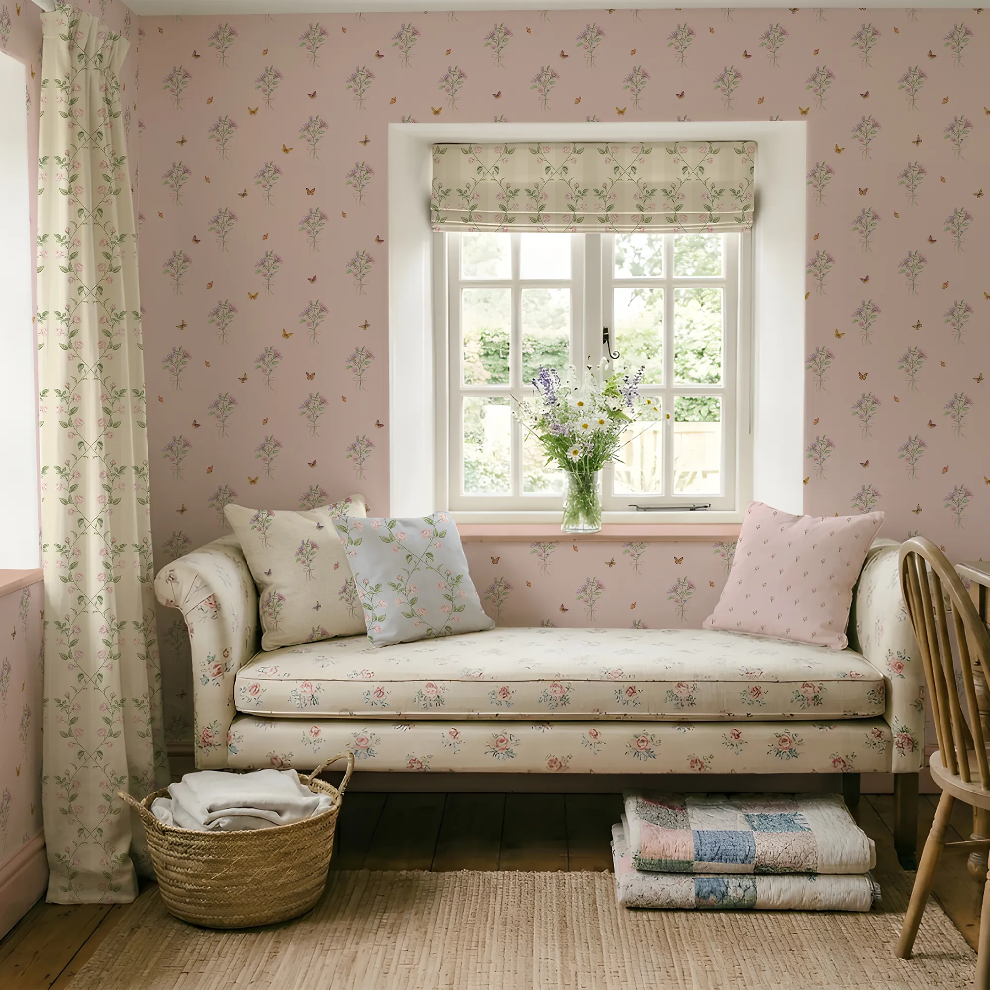 Cozy room with floral-patterned wallpaper on a pink background, a sofa, and window.