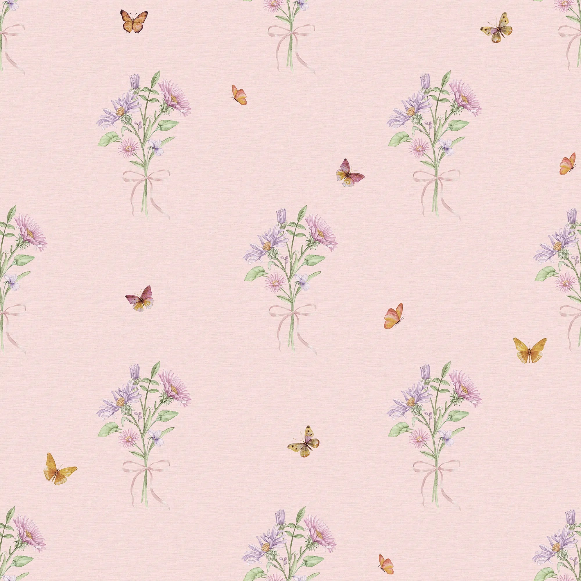 Floral pattern wallpaper with butterflies on a pink background