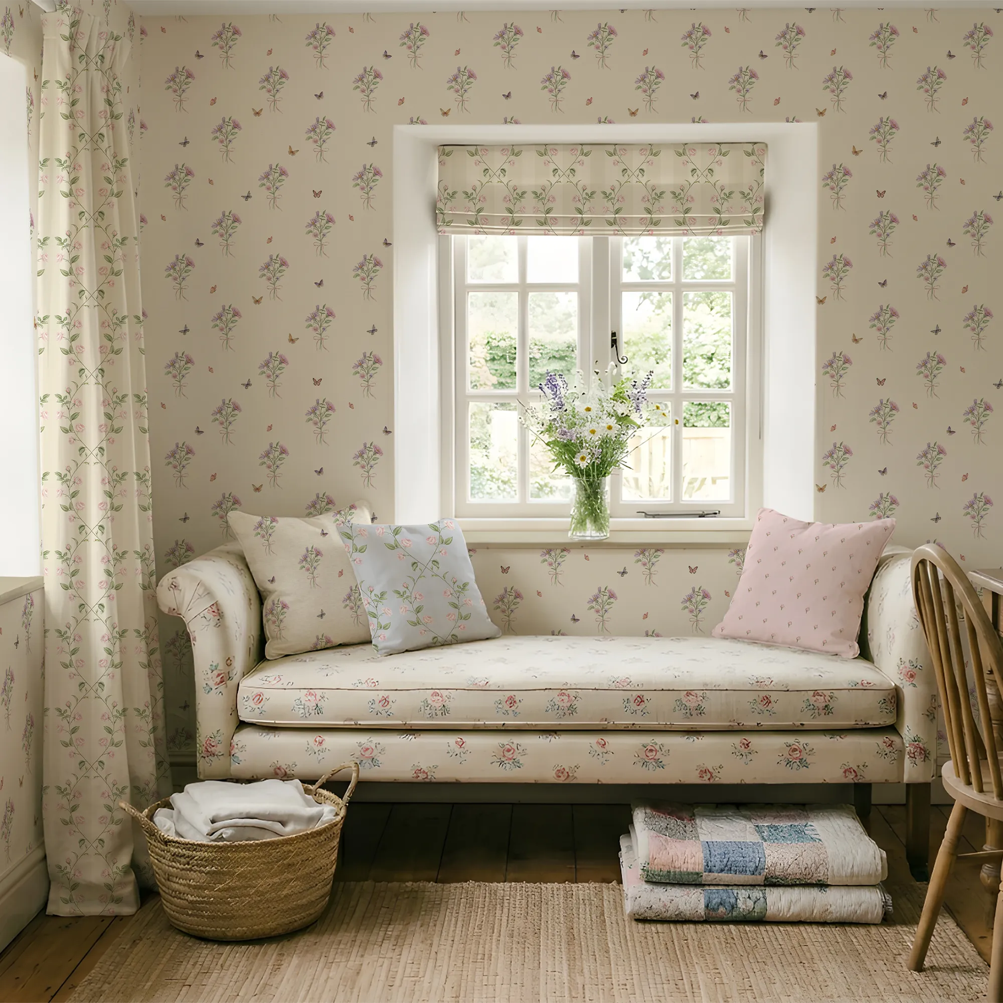 Cozy study with a floral-patterned wallpaper, sofa, and window with flowers.