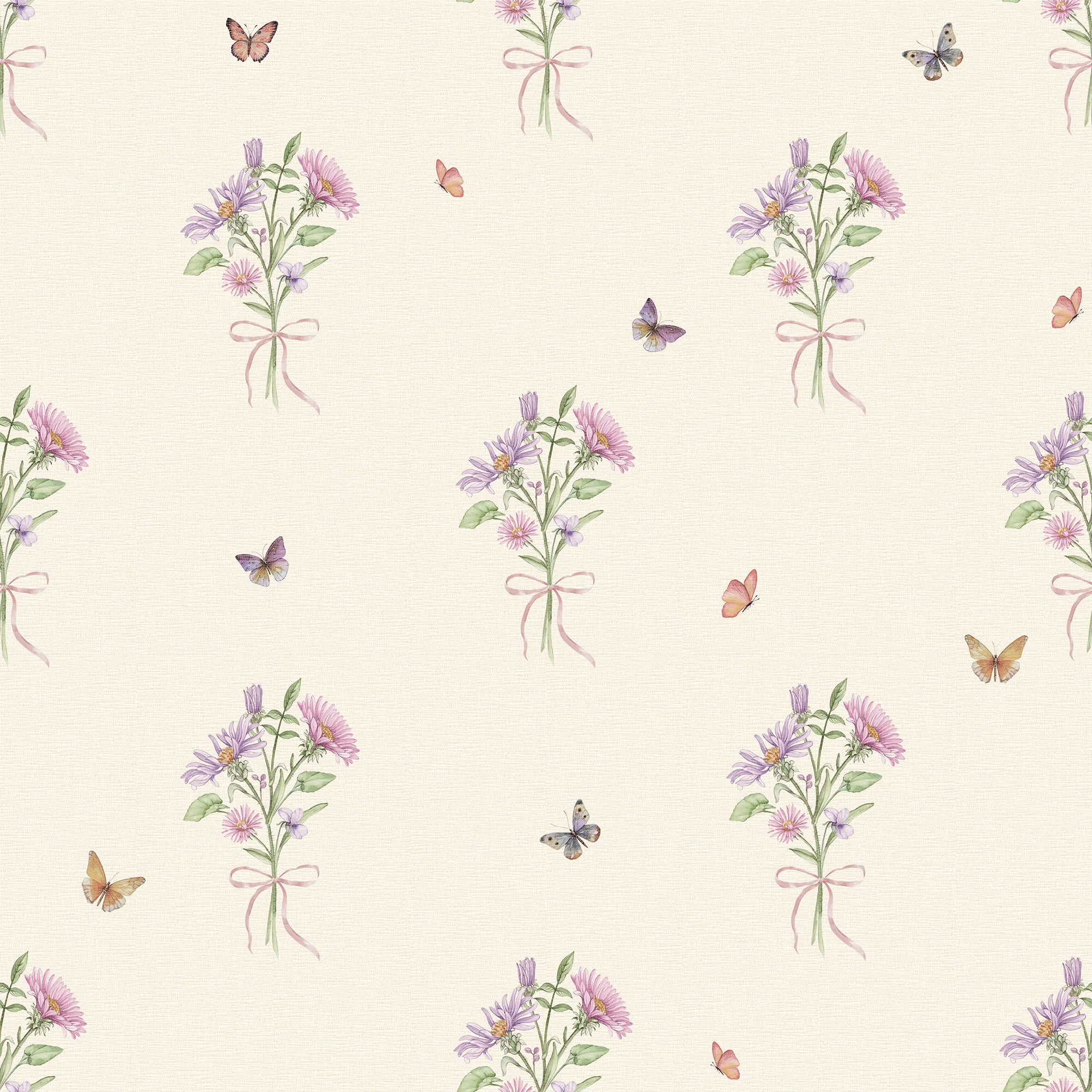 Wallpaper pattern of floral bouquets and butterflies on a light cream background.