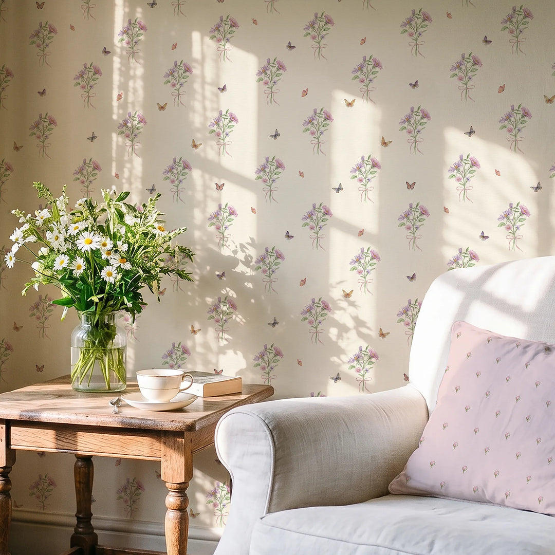 Floral Posy Flutter Wallpaper in Parchment Cream