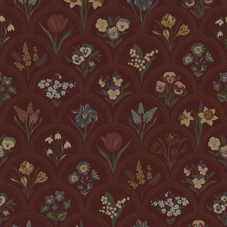 Sample of Flowers for Victoria Wallpaper in Rural Tones on Garnet
