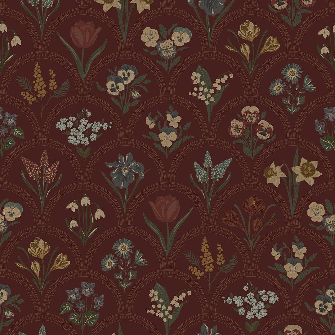 Flowers for Victoria Wallpaper in Rural Tones on Garnet