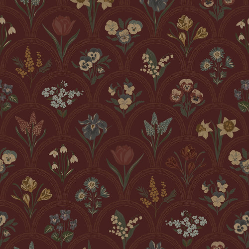 Flowers for Victoria Wallpaper in Rural Tones on Garnet