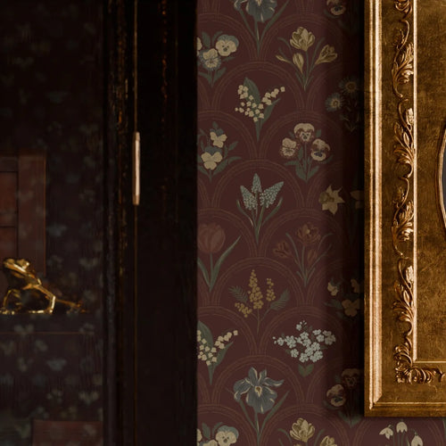Flowers for Victoria Wallpaper in Rural Tones on Garnet