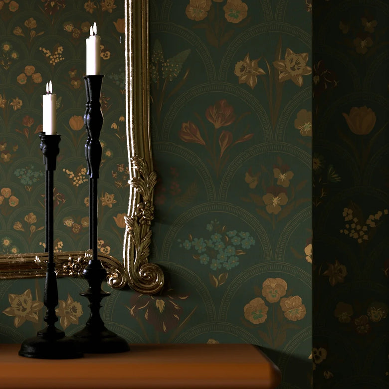 Flowers for Victoria Wallpaper in Rural Tones on Pine Green