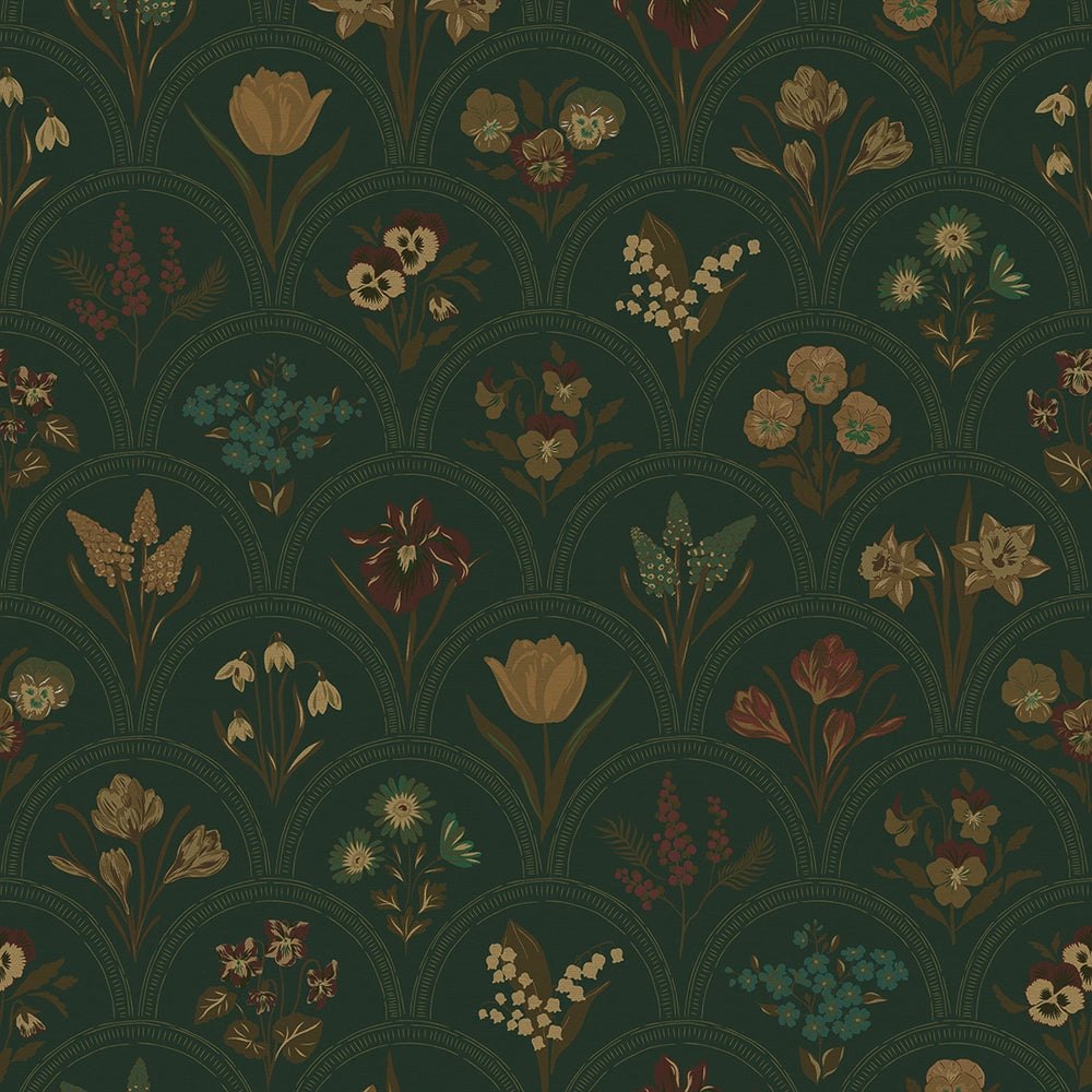 Sample of Flowers for Victoria Wallpaper in Rural Tones on Pine Green