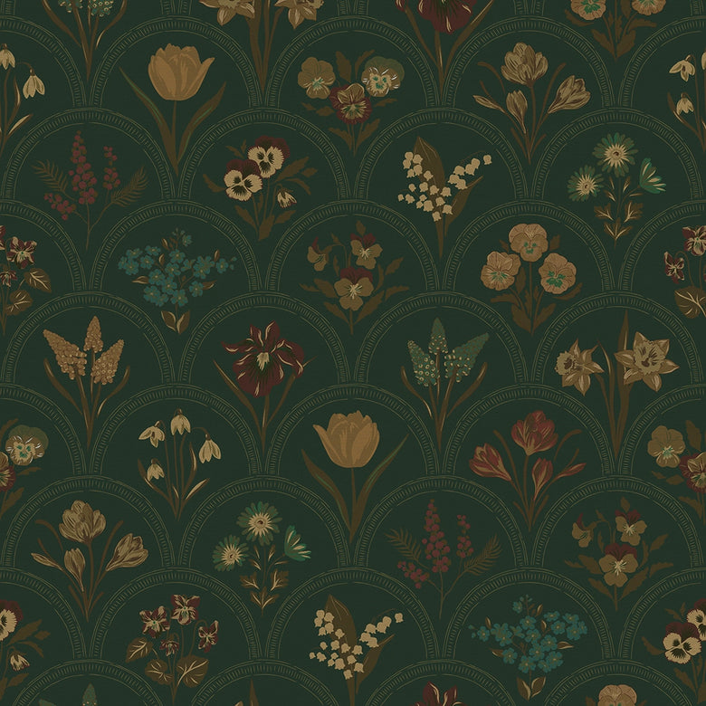 Sample of Flowers for Victoria Wallpaper in Rural Tones on Pine Green