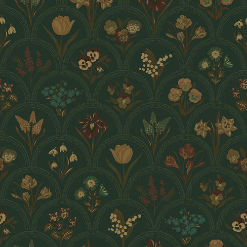Flowers for Victoria Wallpaper in Rural Tones on Pine Green