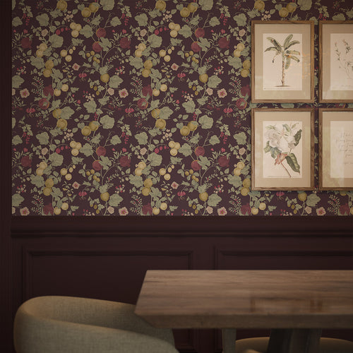Forgotten Fruit Wallpaper in Sage Green, Raspberry and Gold on Wild Plum