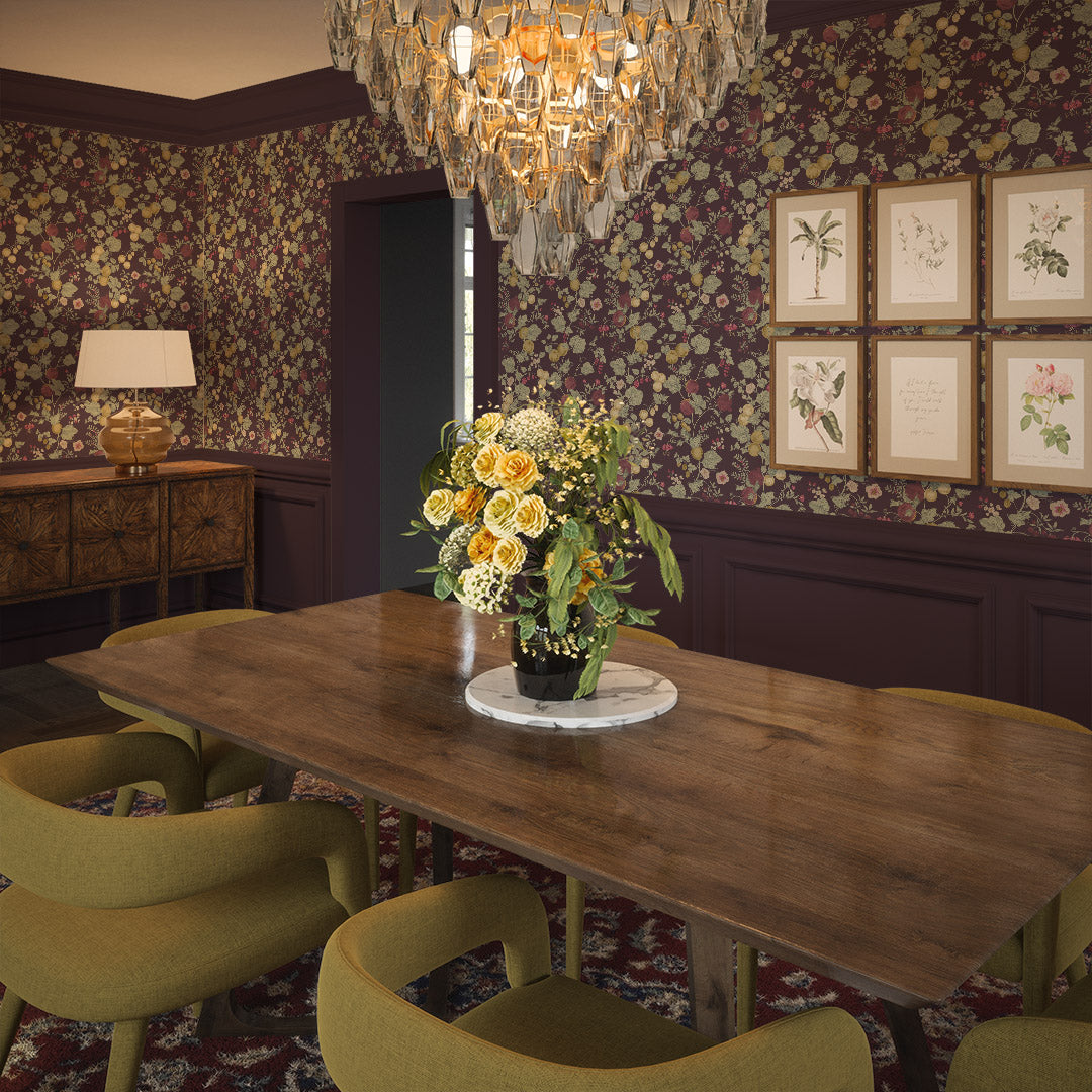 Forgotten Fruit Wallpaper in Sage Green, Raspberry and Gold on Wild Plum