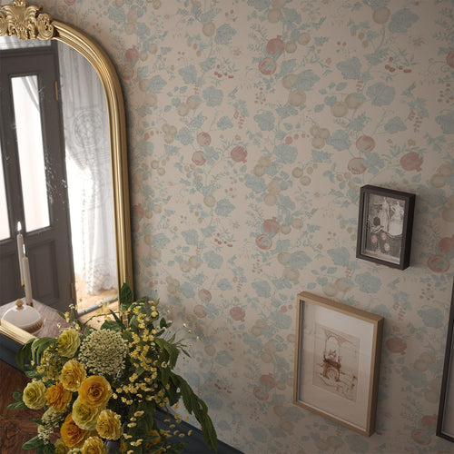 Forgotten Fruit Wallpaper in Duck Egg and Pomegranate on Vintage Cream