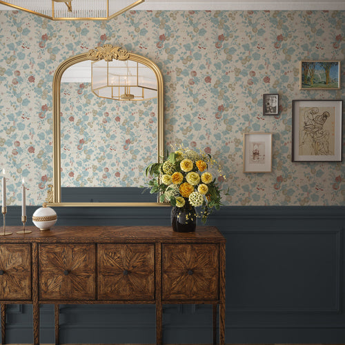 Forgotten Fruit Wallpaper in Duck Egg and Pomegranate on Vintage Cream