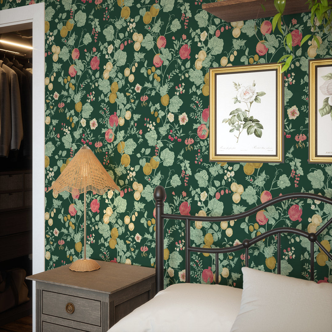 Forgotten Fruit Wallpaper in Guava and Ochre on Castleton Green
