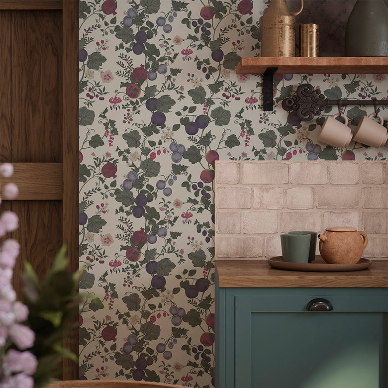 Forgotten Fruit Wallpaper in Nettle Green, Wild Plum and Lavender on Vintage Cream