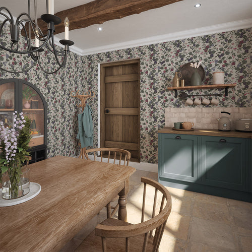 Forgotten Fruit Wallpaper in Nettle Green, Wild Plum and Lavender on Vintage Cream