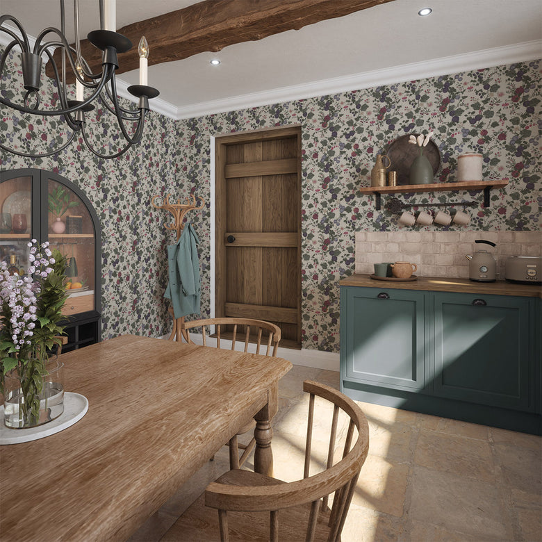 Forgotten Fruit Wallpaper in Nettle Green, Wild Plum and Lavender on Vintage Cream