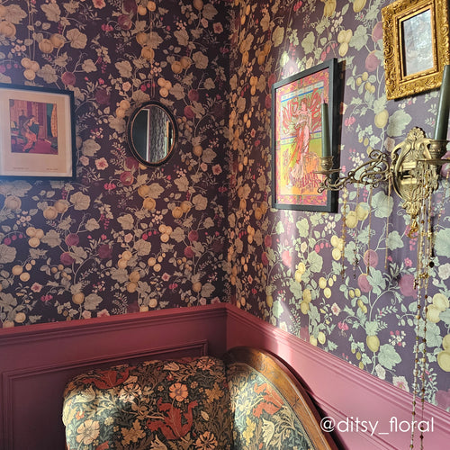 Forgotten Fruit Wallpaper in Sage Green, Raspberry and Gold on Wild Plum