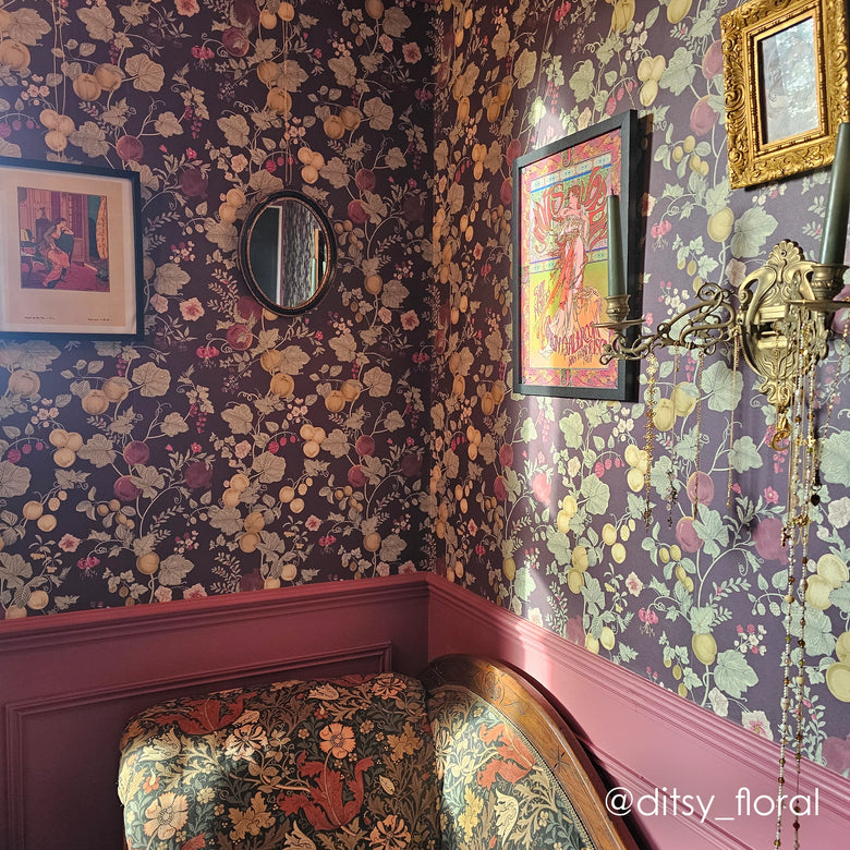 Forgotten Fruit Wallpaper in Sage Green, Raspberry and Gold on Wild Plum