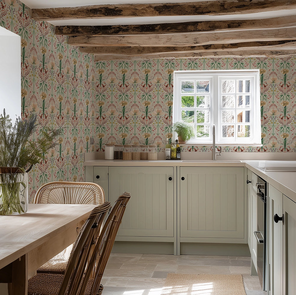 Frances Wallpaper in Autumn Hues on Light Sage